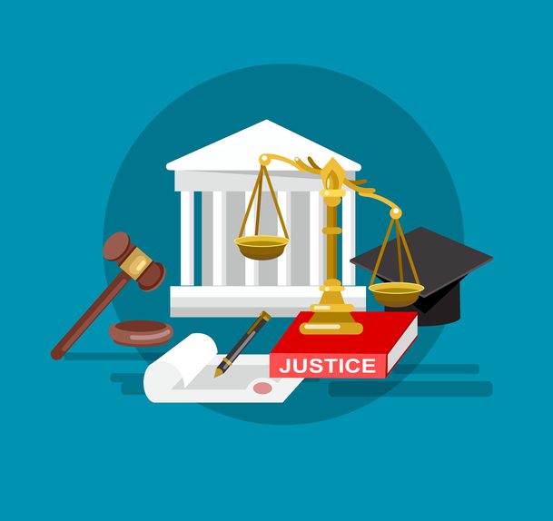 Law banner concept, judical system elements and icon, cool flat illustration isolated vector